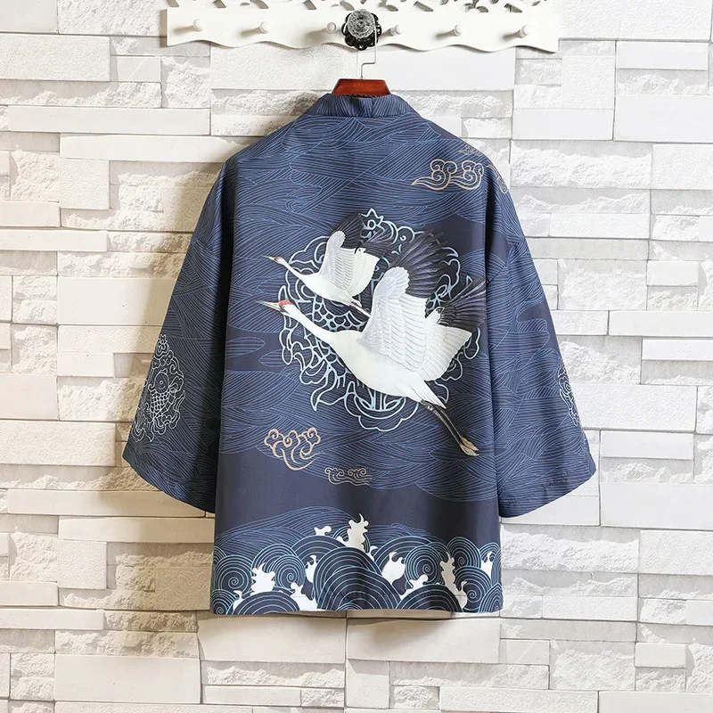 Традиционное японское кимоно с принтом журавля, кардиган, кимоно для пар, мужские юката, женские пляжные свободные рубашки в стиле Харадзюку, пальто размера плюс 5XL
