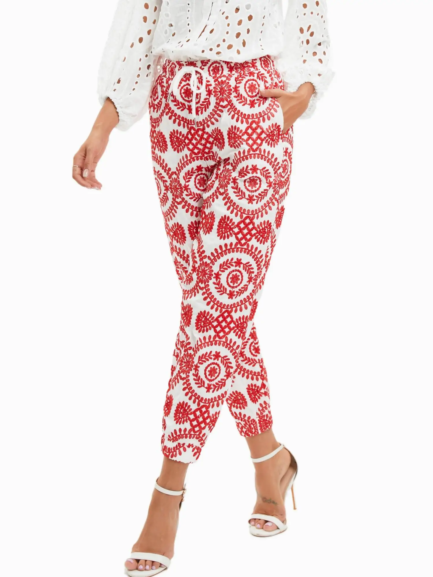 Women Pants Elastic Waist With String Ankle Length Casual Bottom Wear Embroidered Trousers