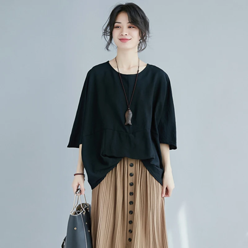 Verão novo sle artístico assimétrico batwing sve algodão linho camiseta tamanho grande feminino retalhos cor na moda topo