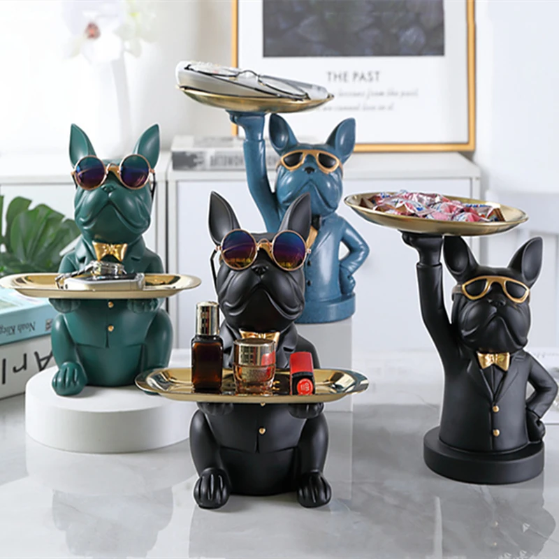 

French Bulldog Tray Sculpture Dog Statue Jewelry Storage Table Decoration Home Decor Coin Piggy Bank Storage Box Home Art Statue