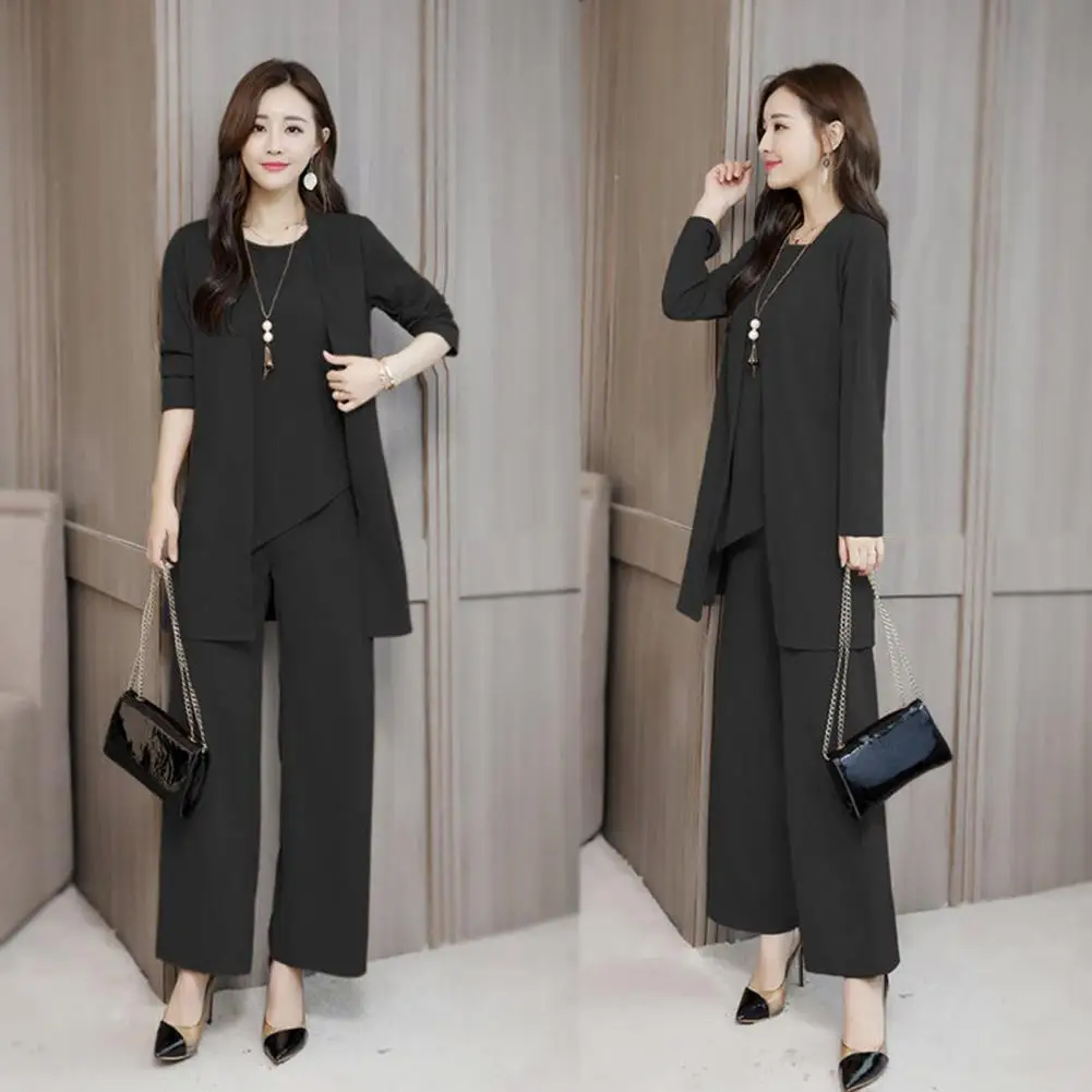 3Pcs/Set Fashion Elegant Outfit Comfortable Loose Outfit O-neck Tank Tops Wide Leg Pants Mid-length Coat Set  Dressing Up