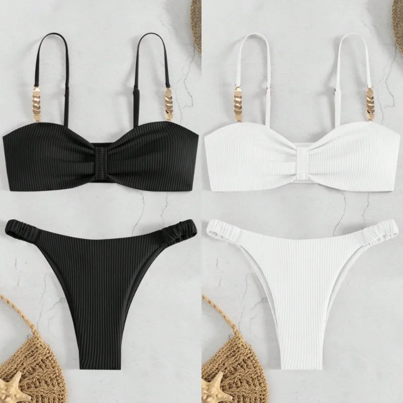 

2025 сексуальные женские комплекты бикини с рюшами в рубчик, вязаный купальник на тонких бретельках, дерзкий купальник, купальный костюм