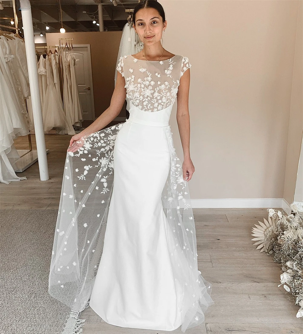 

O-Neck Cap Sleeves Appliques Satin Boho Wedding Dress Country Bride Dresses for Women 2023 Elegant Mermaid Bridal Gown Plus Size