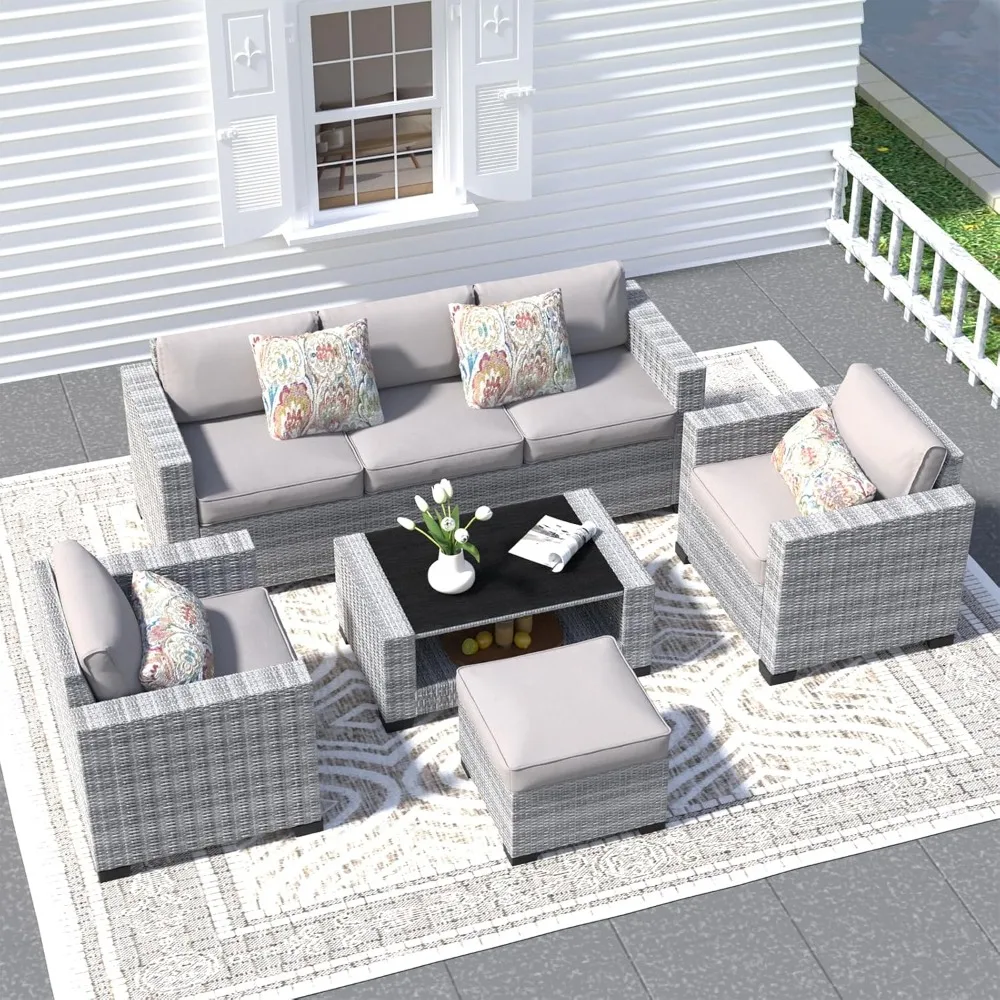 

7 Piece Patio Furniture Set, Wicker Sectional Sofa with Washable Cushion Covers and Tempered Glass Table,Rattan Conversation Set