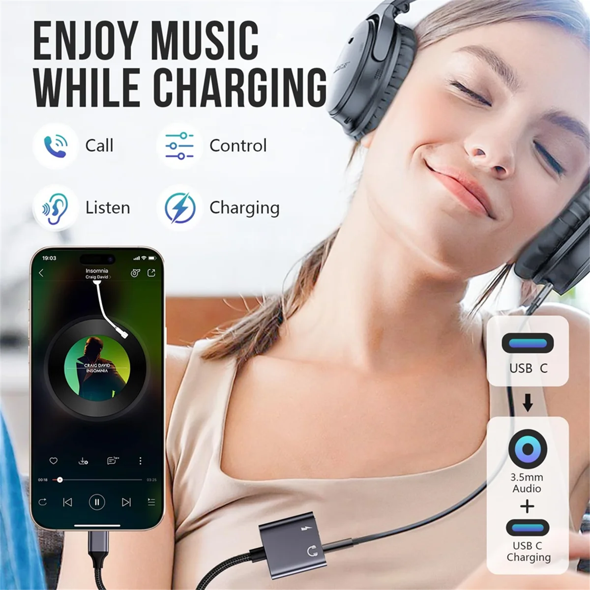 CLCU 2in1 USB Type C to 3.5mm Audio Headphone Jack and Charging Adapter, Aux Dongle Cable for 15/16 Pro/Max/Plus,