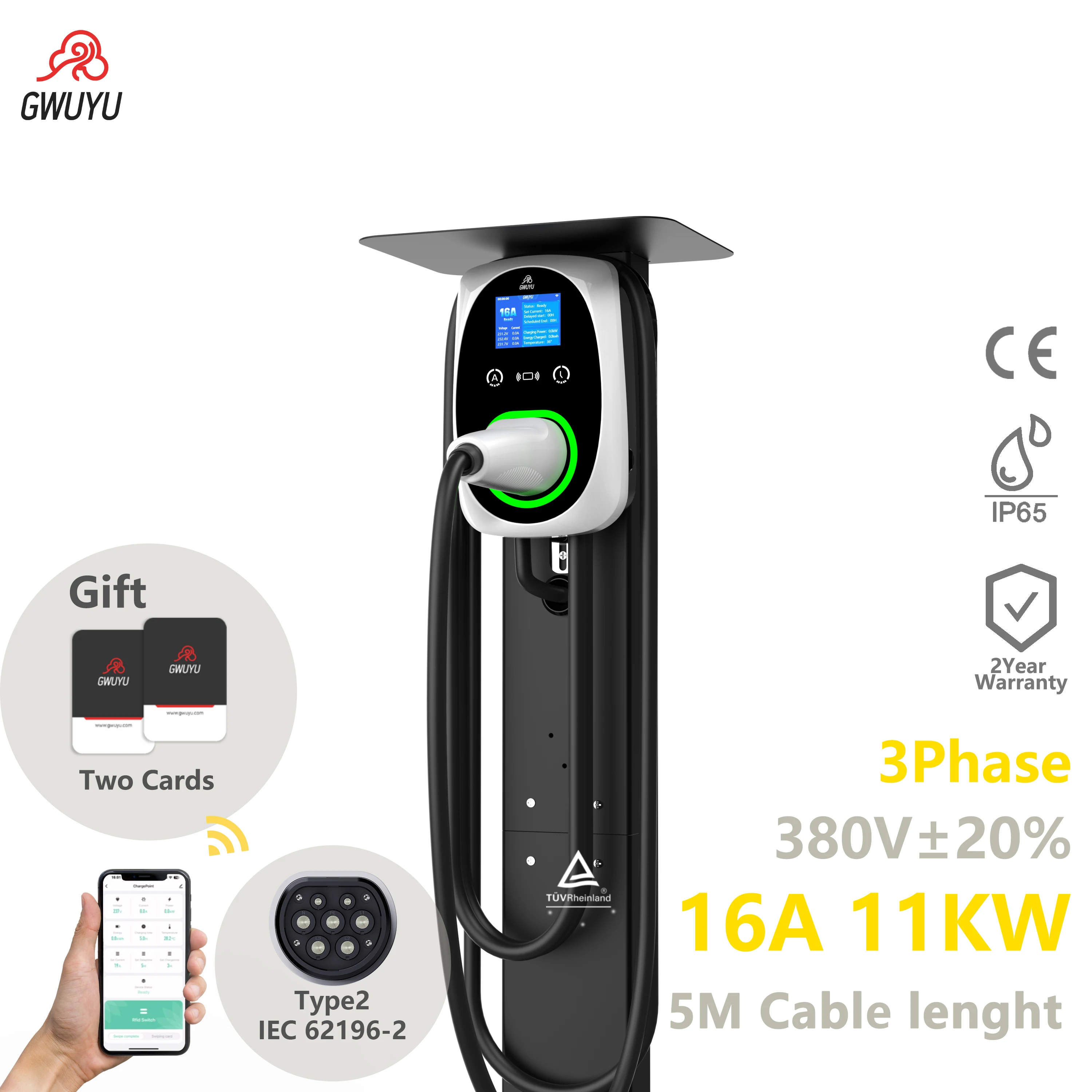 GWUYU 2,8-Zoll-Bildschirm Typ2 EV-Ladestation 11KW 3-Phasen APP-Steuerung EVSE Elektroauto-Ladegerät 16A 3-Phasen Wallbox Ladeanschluss