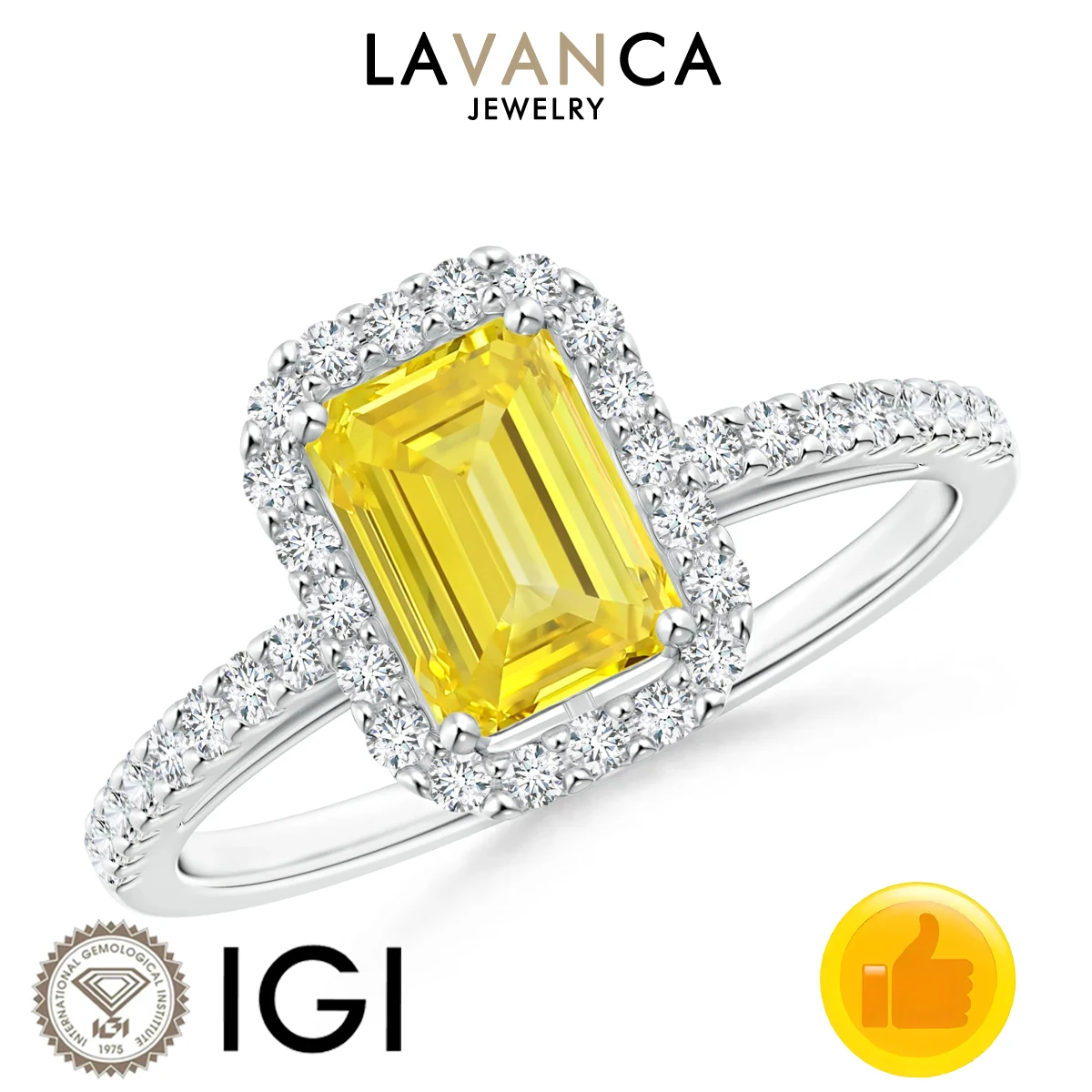 

IGI Certified Yellow Emerald Cut Lab Created Diamond Ring Halo Style Lab Diamond Half Eternity Ring 9K/14K/18K Solid Gold Ring
