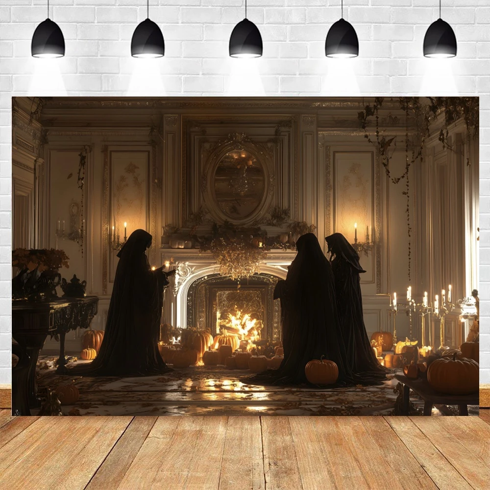 Sfondo della strega di Halloween Horror Night Flower House candele brucianti della chiesa divinazione zucca Light Party Photography Background