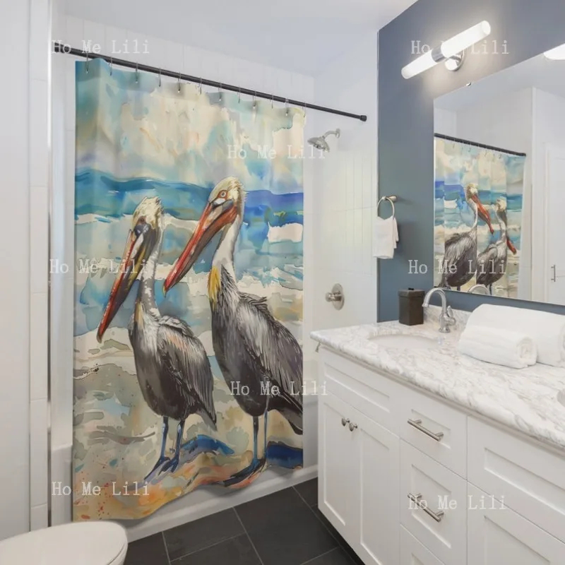 

Пляжная занавеска для душа Pelican Lover в акварельном стиле Pelicans At The Beach