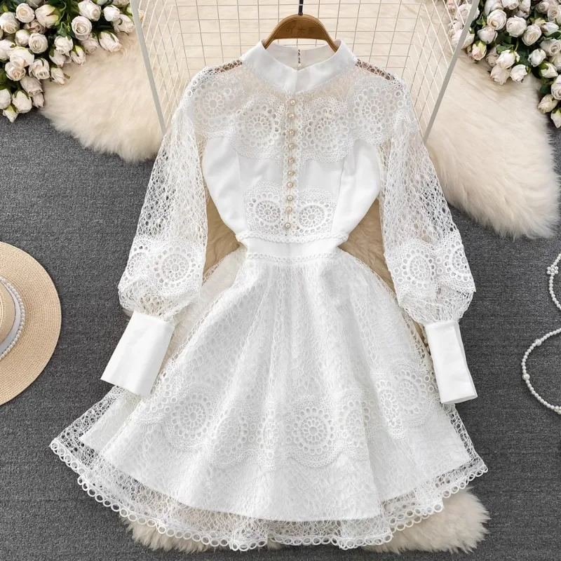 

Vintage long-sleeved Dresses Women High street Retro Court Style Stand Lace hook flower Slim Waist A-line Dress Spring Autumn