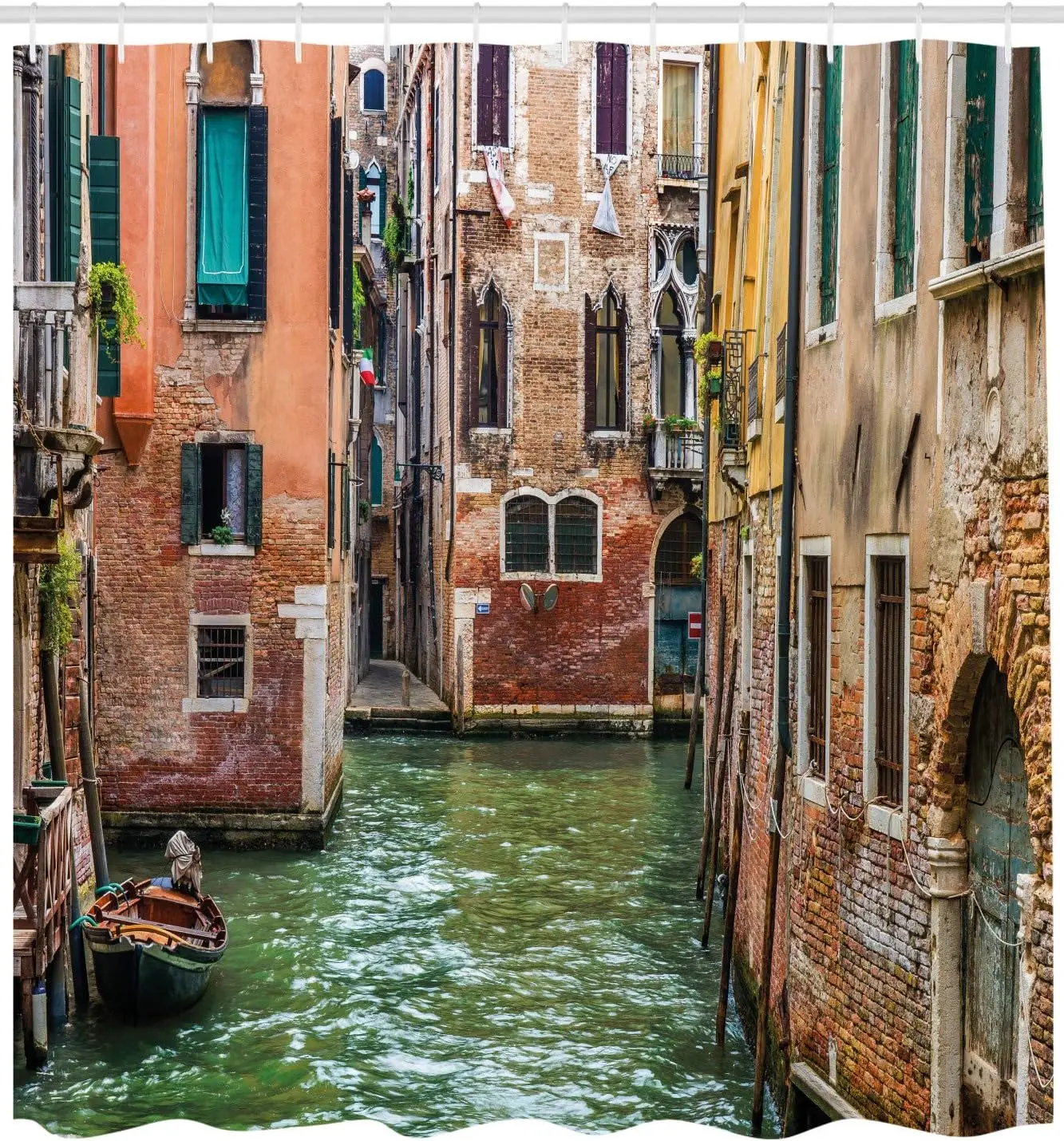 

Венецианская занавеска для душа, итальянское город на воде. Историческая достопримечательность. Знаменитые уличные дома. Гондолы Европы. Ткань B.