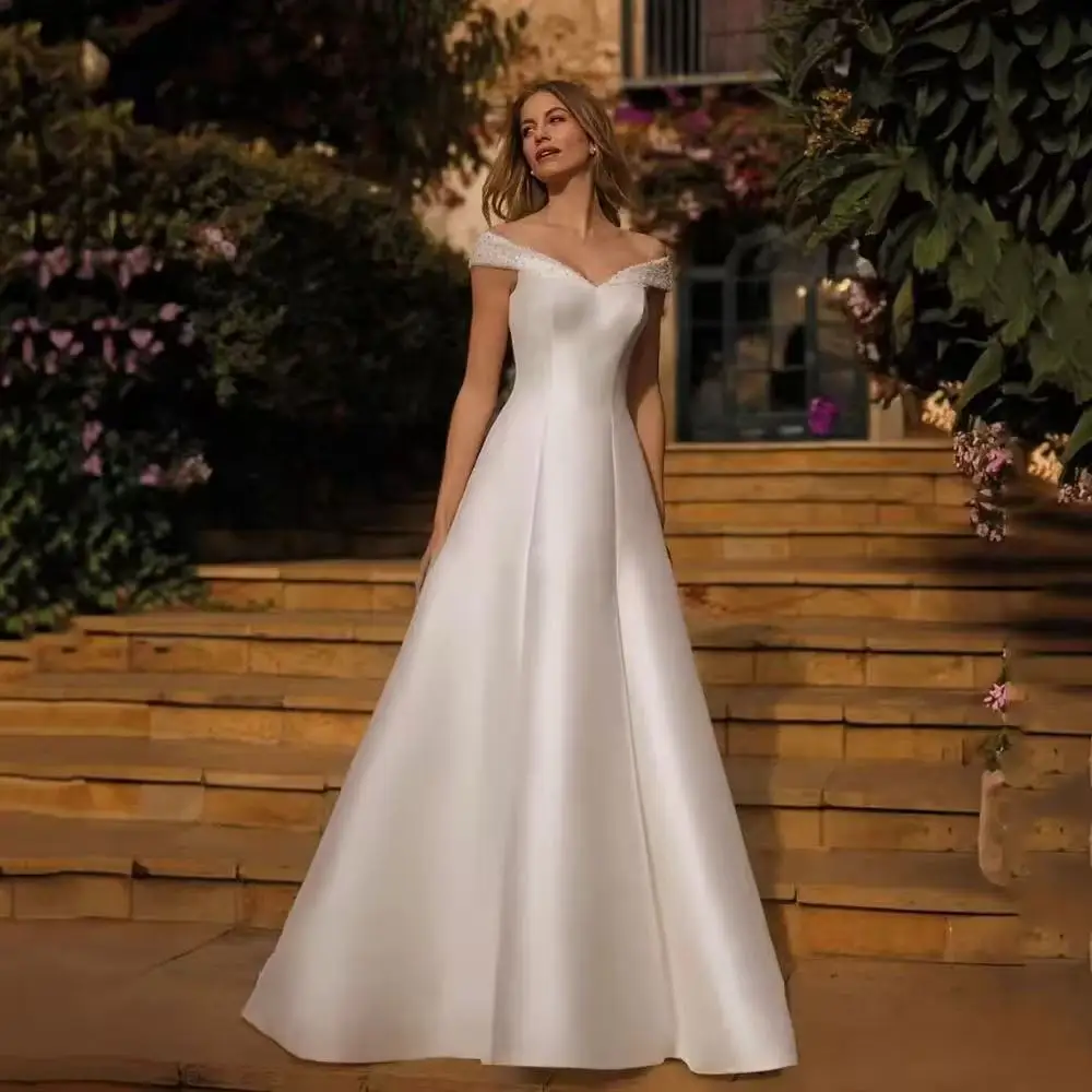 

Customized V Neck Wedding Dress Off The Shoulder Elegant Simple Satin Vestidos De Novia Back button Bridal Gowns