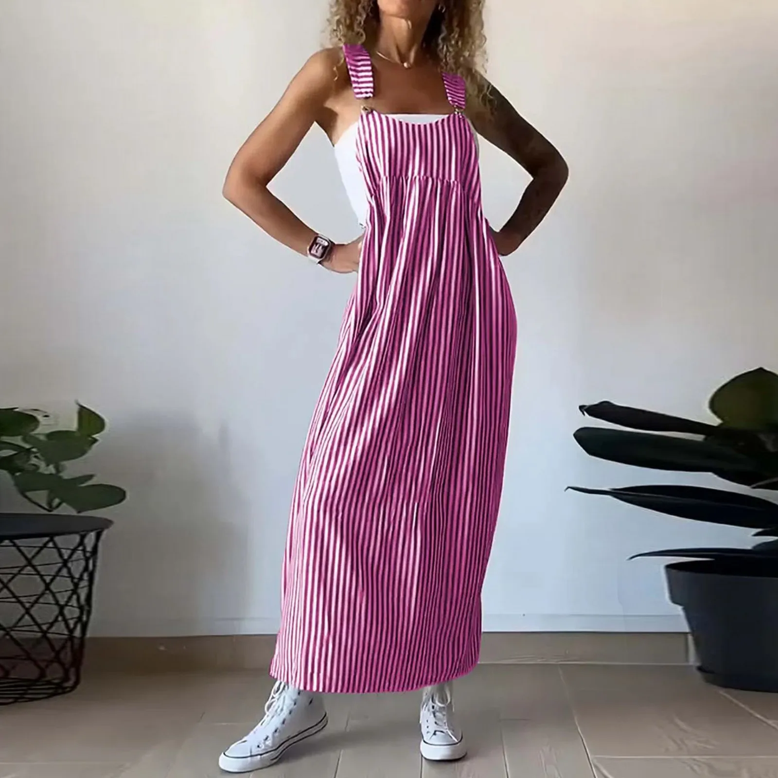 

Summer Fashion Commuter Striped Suspenders Dress For Women New Casual Printing Sleeveless Loose Waist Party Dresses Streetwear