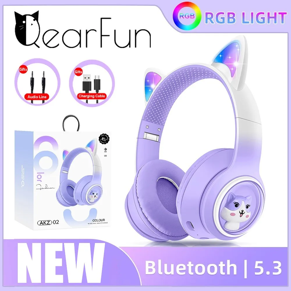 Cute 3D Cat Ear Headphones with RGB LED Light Bluetooth Wireless Space Capsule Headset For School For Children Kid Girls Gifts