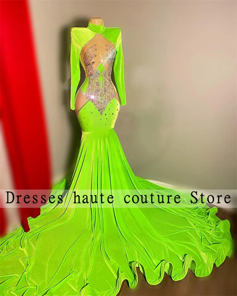 Vestidos de Fiesta de sirena de manga larga con cuentas de terciopelo verde, cuello alto con volantes, vestidos de noche negros africanos para niñas, recién llegados, 2023