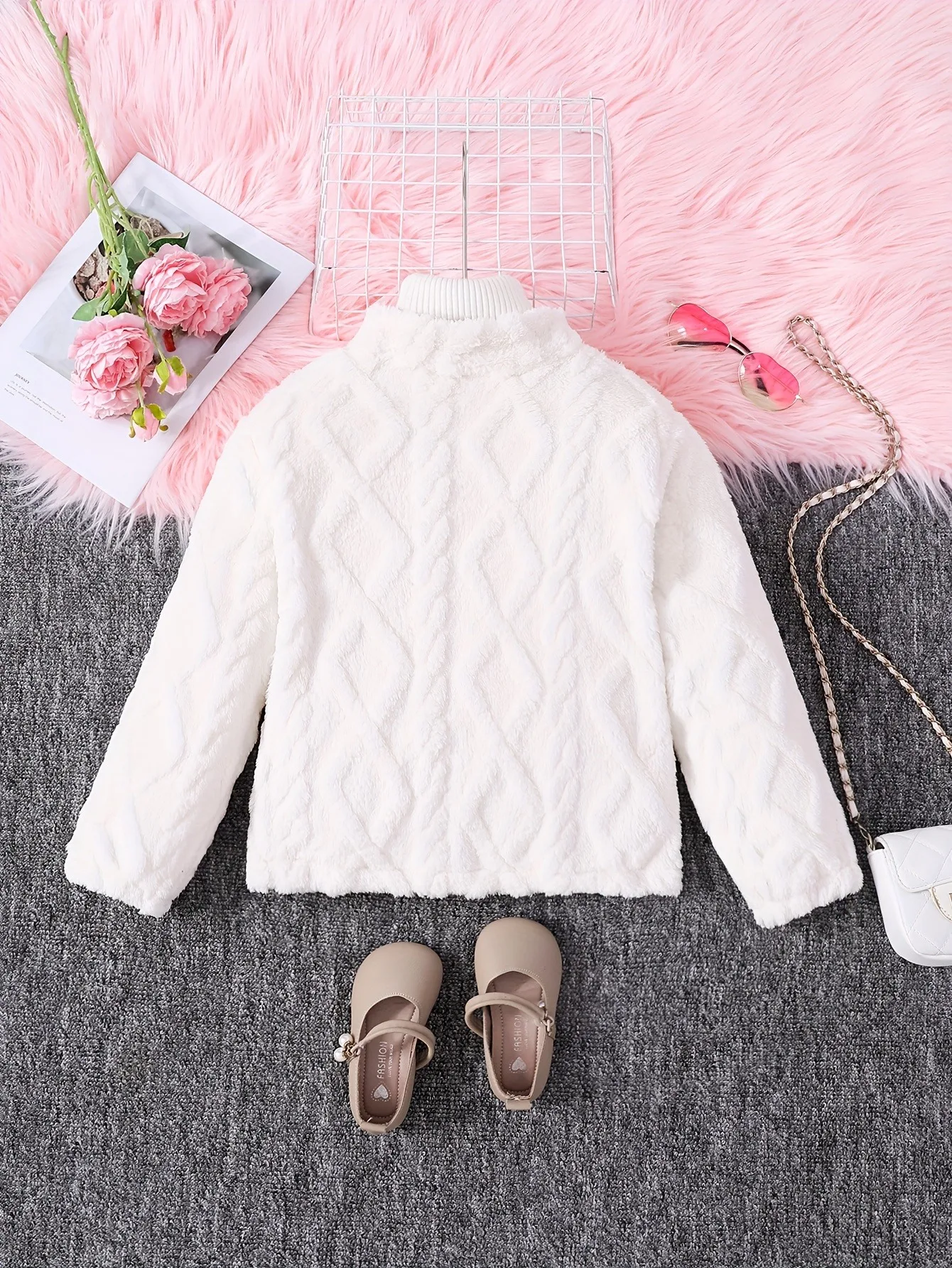 4-12Y Girls Stand Collar Zip up Plush Fleece Jacket White Kids Winter Warm Short Casual Outerwear