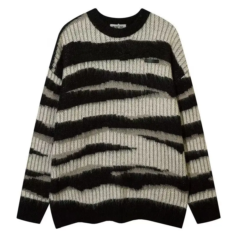 Autumn Winter Korean Ins Design Striped Contrast Sweater Men\'s Trendy Brand Round Neck Street Pullover Sweater Jacket Sweater