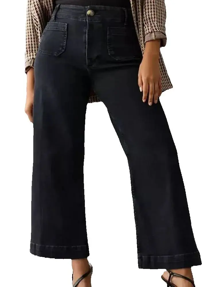 Dżinsy z wysokim stanem i przednimi kieszeniami, dżinsy z szerokimi nogawkami i marszczeniem na brzuch, dżinsy z kontrolą brzucha, dżinsy cropped.