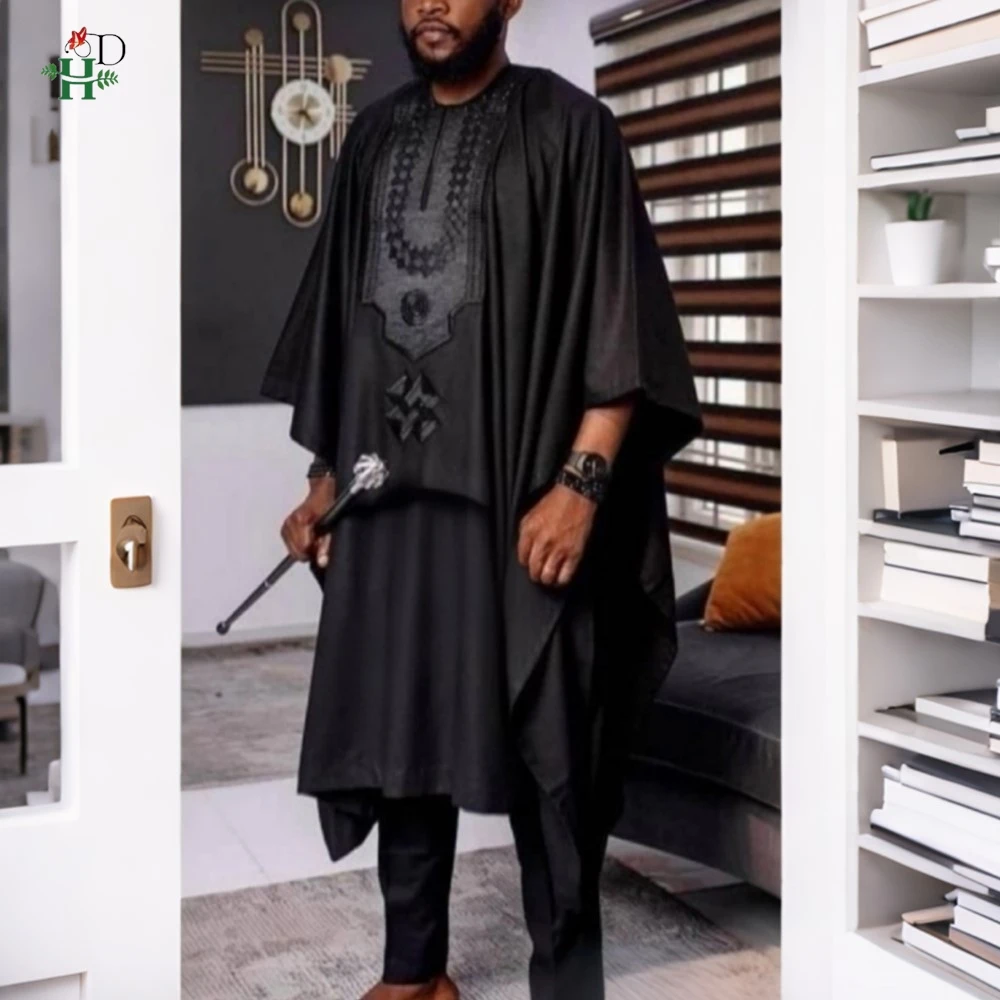 H&D African Clothing Luxury For Man Nigerian Traditional Outfit Agbada Sets 3PCS Shirt Pant Embroidery Wedding Suits Plus Size