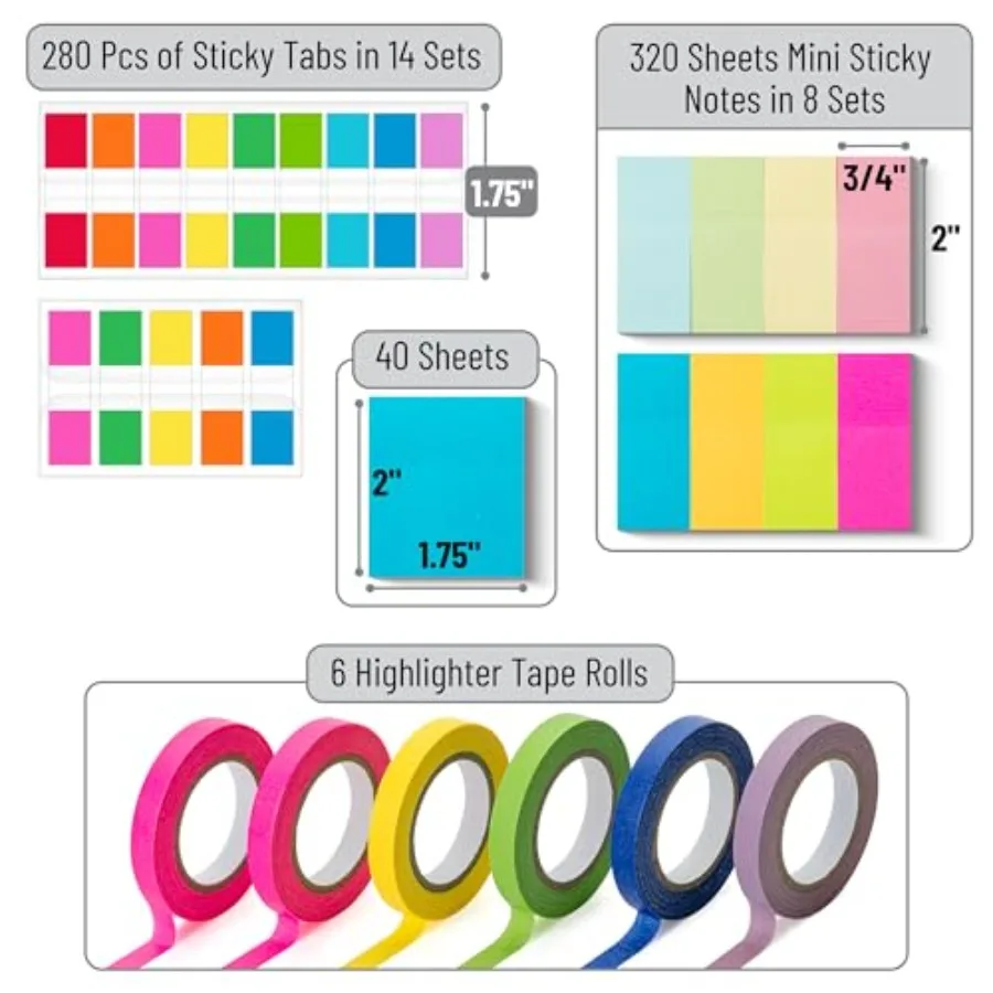 Small Sticky Notes Set for Bible Study, Office, School, Planning, Journaling Organization: Paper, Assorted Colors, Removable Ad