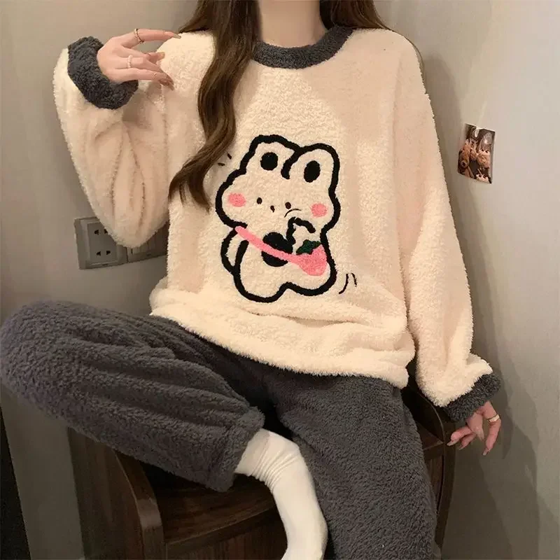 Winter Pajama Sets for Women 2 Piece Set Sleepwear Soft Warm Cartoon Bunny Pyjamas Girls Teenagers Comfortable Clothes Nightwear