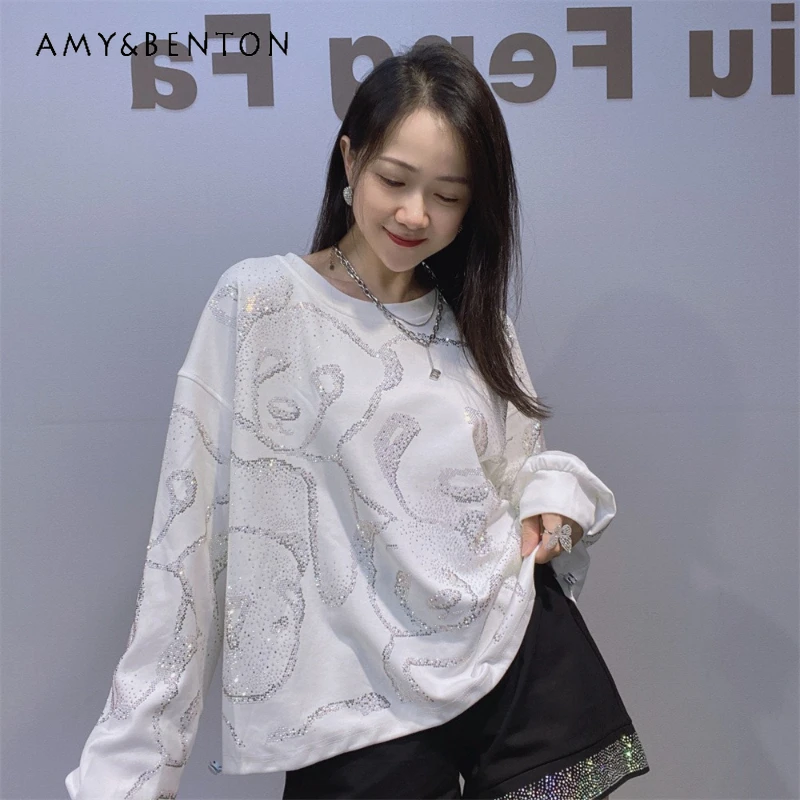

Women's Rhinestone Short o-Neck Sweatshirt Autumn Winter New Fashion Versatile Loose Casual Long Sleeved Pullover Top hoodies