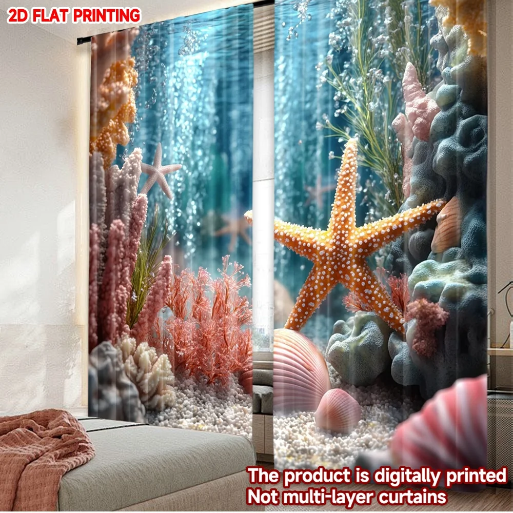 

2D flat printing 2pcs Curtain Party Curtains Underwater Coral Scene Digital Printed Polyester Drapes Family Party for Parties