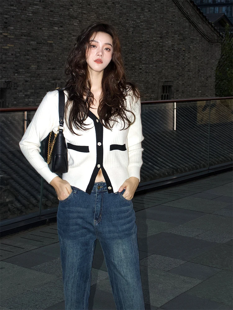 

Chic Bla Knitted Sweater Women's Faionable Little Fraance Sle Early Autumn Outerwear V-ne Lantern Sve Long Sve