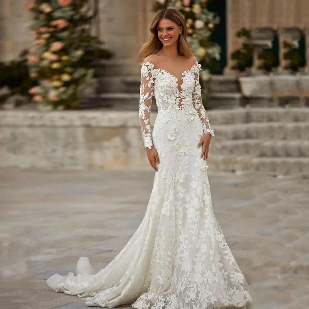

Deep V Neck Wedding Dresses Full Sleeve Customized 2025 Court Train Mermaid Bridal Gowns with Lace New Summer Button Back Summer