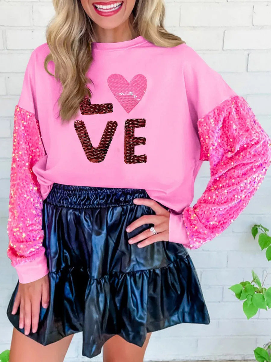 Women s Long Sleeve Crew Neck Sequins Sweatshirt Hoodie Pullover with Love Heart Print Valentine s Day Tops for Her