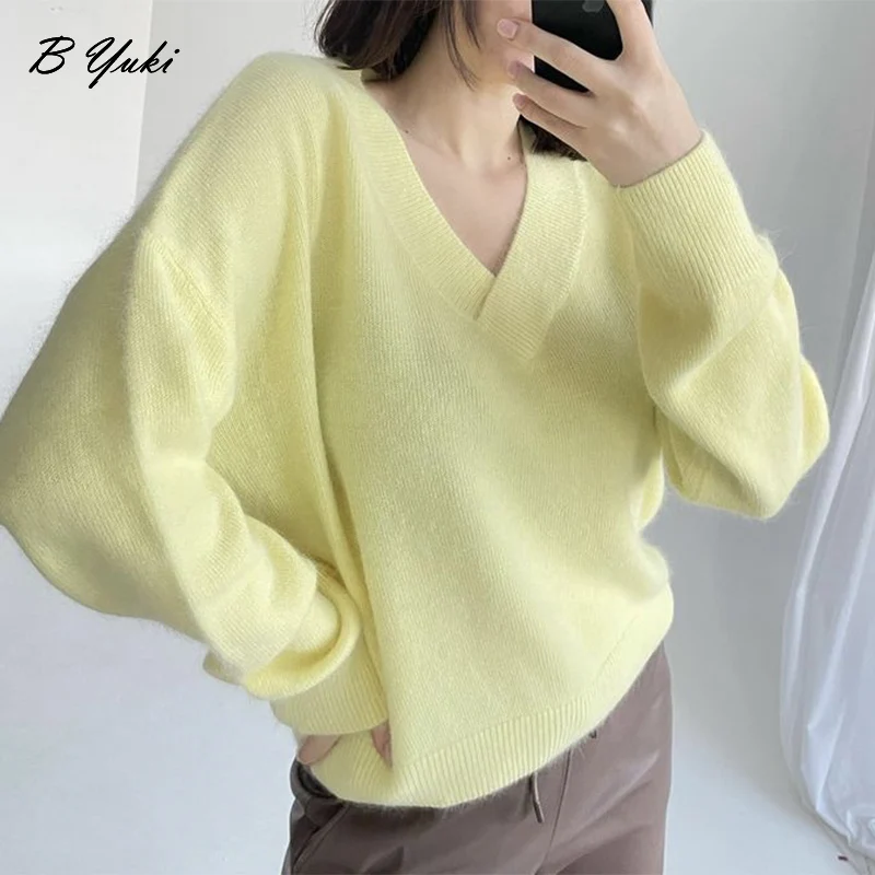 Blessyuki Soft Cashmere Sweater Women 2023 New Casual Loose V-Neck Basic Knitted Pullovers Female Korean Simple Lazy Jumper Tops