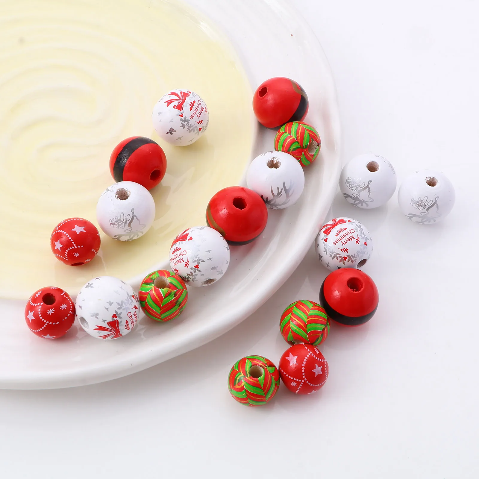 Cuentas espaciadoras de madera para Navidad, abalorios redondos Multicolor de 16mm y 20mm, con mensaje de "Feliz Navidad", para hacer pulseras y joyas DIY