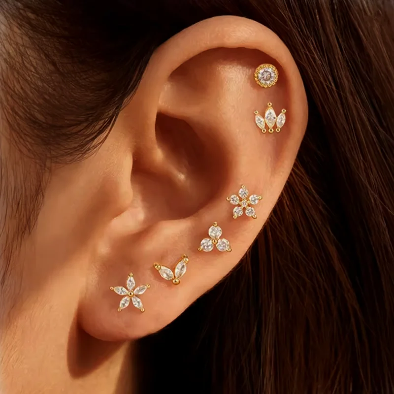 Conjunto de 6 Brincos de Zircônia com Coroa de Cristal Brilhante e Flor para Mulheres, Brincos Geométricos Redondos Modernos para Piercing de Cartilagem