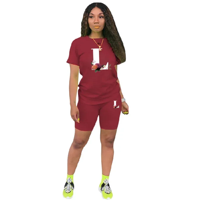 Hot Sales Womens Tracksuit Letter A-Z Print Casual Shorts 2 Pcs Set Sports Jogging Woman Clothing Fashion Street T-shirt Outfits