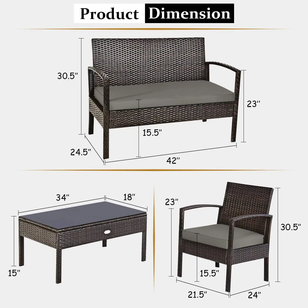 Outdoor Wicker Furniture Set 4 Pieces with Glass Table & Cushions, Rattan Sofa Chair for Backyard Balcony Porch, Customized