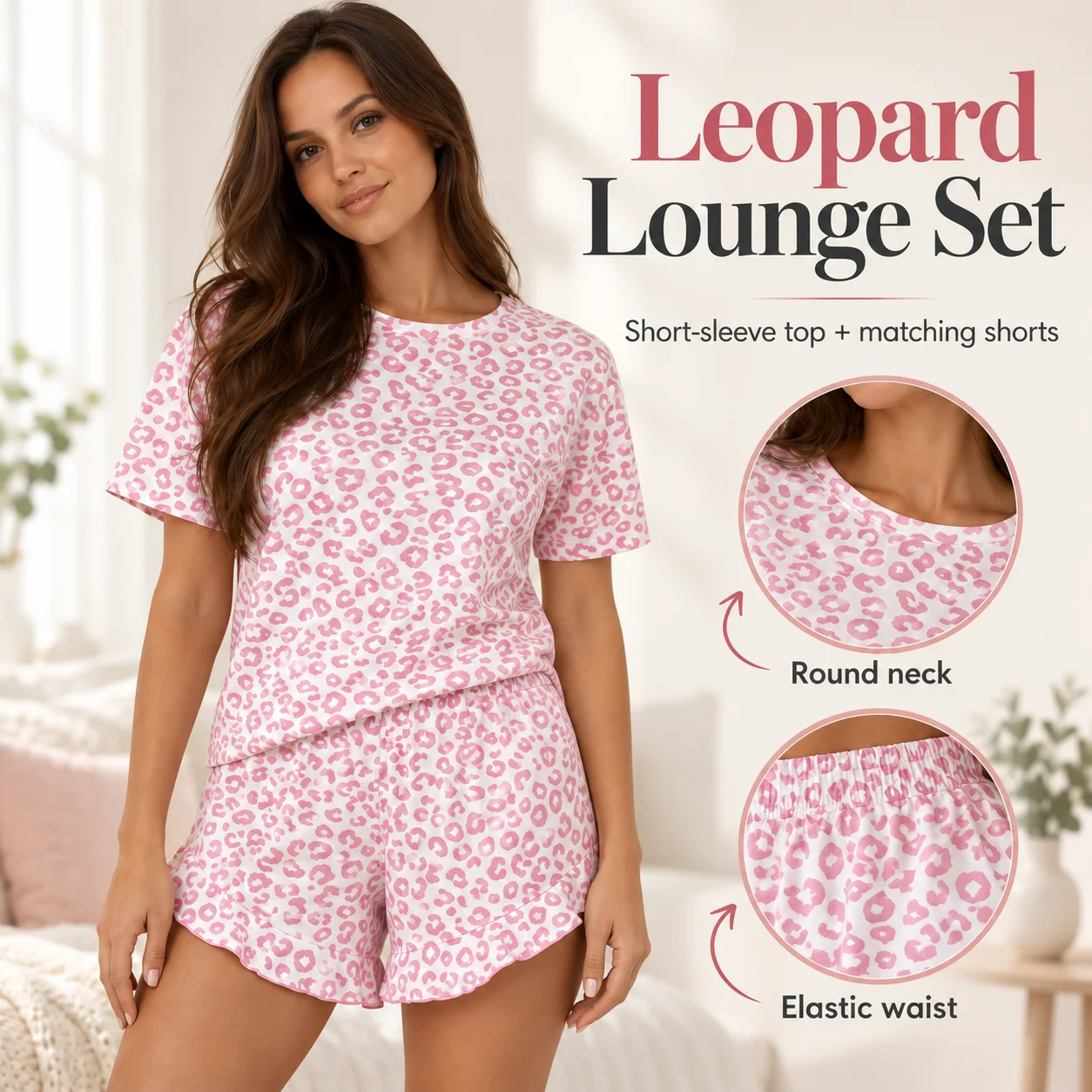 Women's Leopard Print Pajama Set Short Sleeve Round Neck Top and Elastic Waist Shorts Two Piece Home Sleepwear Pink Grey