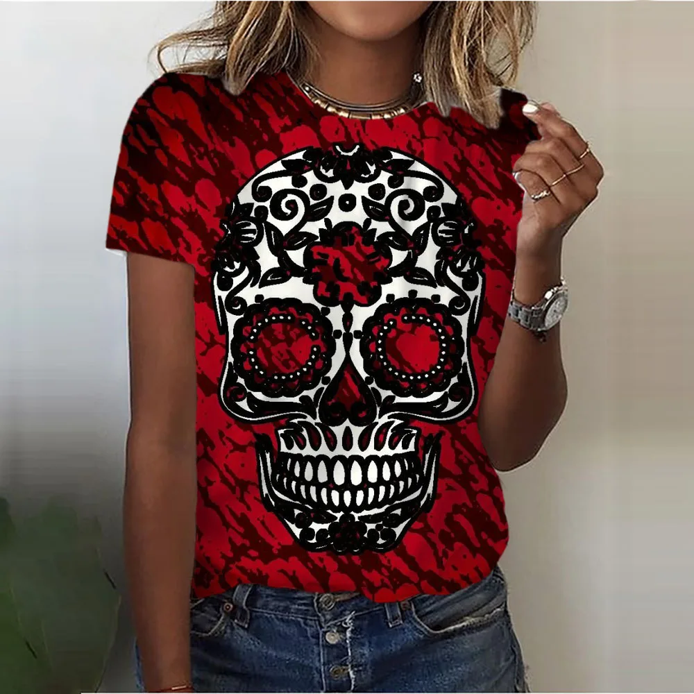 Women\'s T-shirt Funny Tee Shirts Girls Clothes Summer Skull Flowers Fashion Women Short Sleeve Lady Harajuku Tops T-shirts