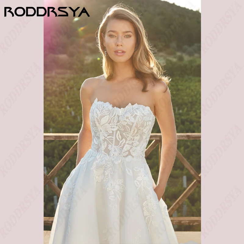 RODDRSYA-vestidos De novia bohemios sin tirantes, vestidos De novia De línea A, sin mangas, con botones y Espalda descubierta, apliques De tul Civil-vestidos De novia bohemios sin tirantes, vestidos De novia De línea A