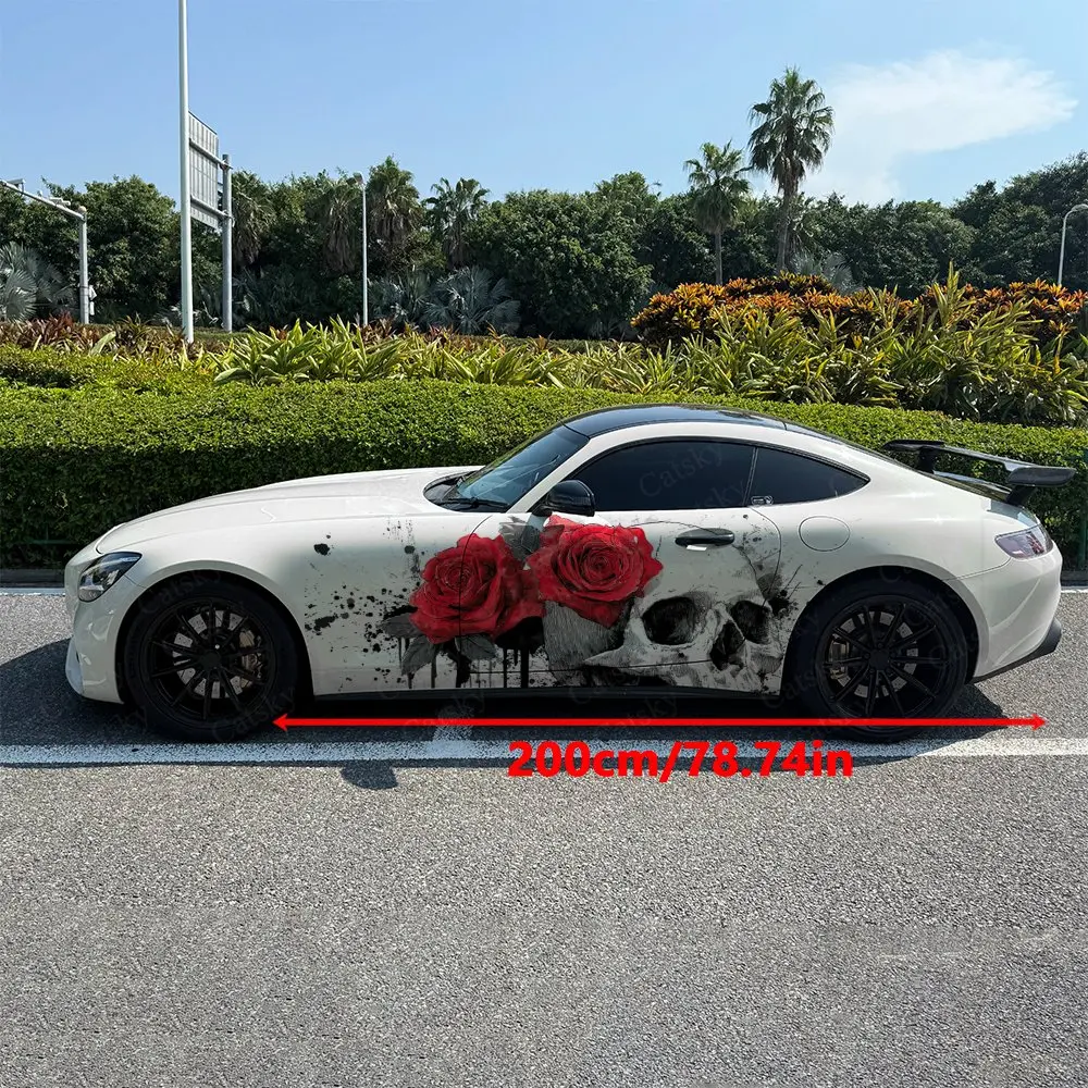 2pcs Ink Splatter & Drip Skull Car Side Wraps, Self-Adhesive PVC Waterproof & Scratch-Resistant Stickers, Car Accessory Gift