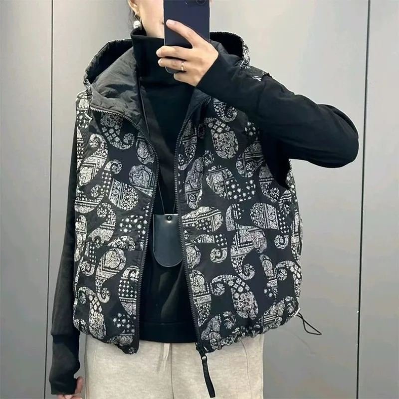 Korean Casual Print Hooded Quilted Vests Double-sided Wear Cotton-padded Vest 2026 Autumn Winter Thicken Warm Sleeveless Parkas