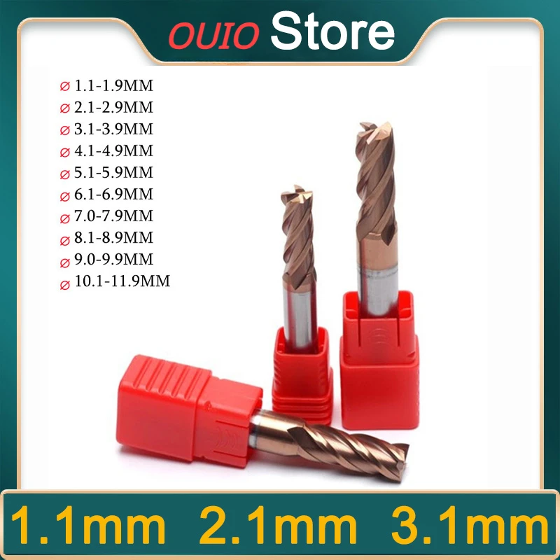 

OUIO D1.1mm 2.1mm Carbide End Mill HRC55 4 Flutes Decimal Point CNC Milling Tools Tungsten Carbide Steel Milling D1.1-D11.9mm