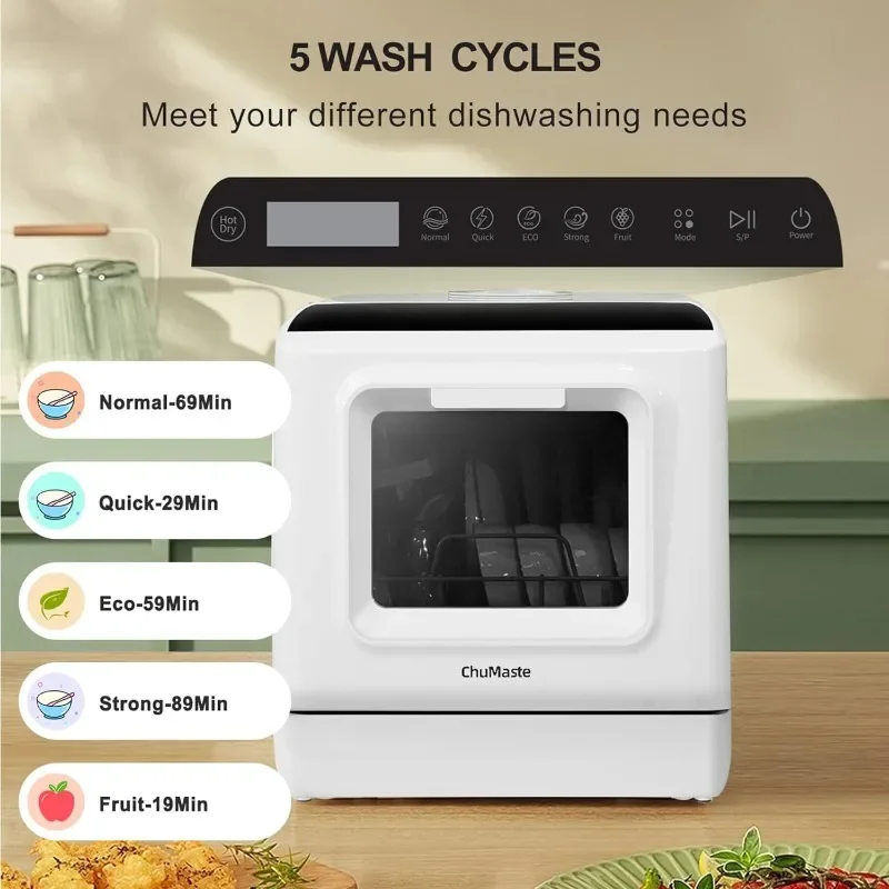 ChuMaste countertop dishwasher, portable dishwasher with water tank, 5 wash programs, with drying and can also be connected