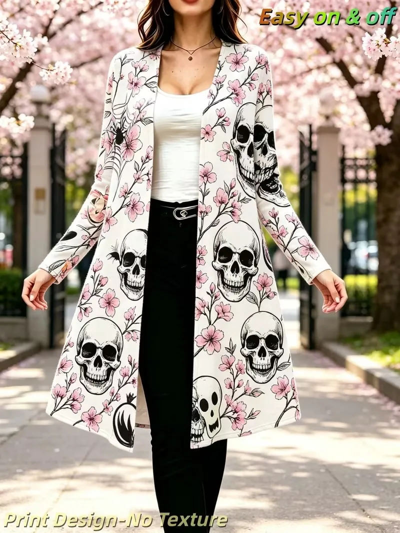 Women Halloween Skull Red Rose Print Long Cardigan Open Front Long Sleeve Shawl Coat Gothic Loose Casual Party Outerwear Autumn