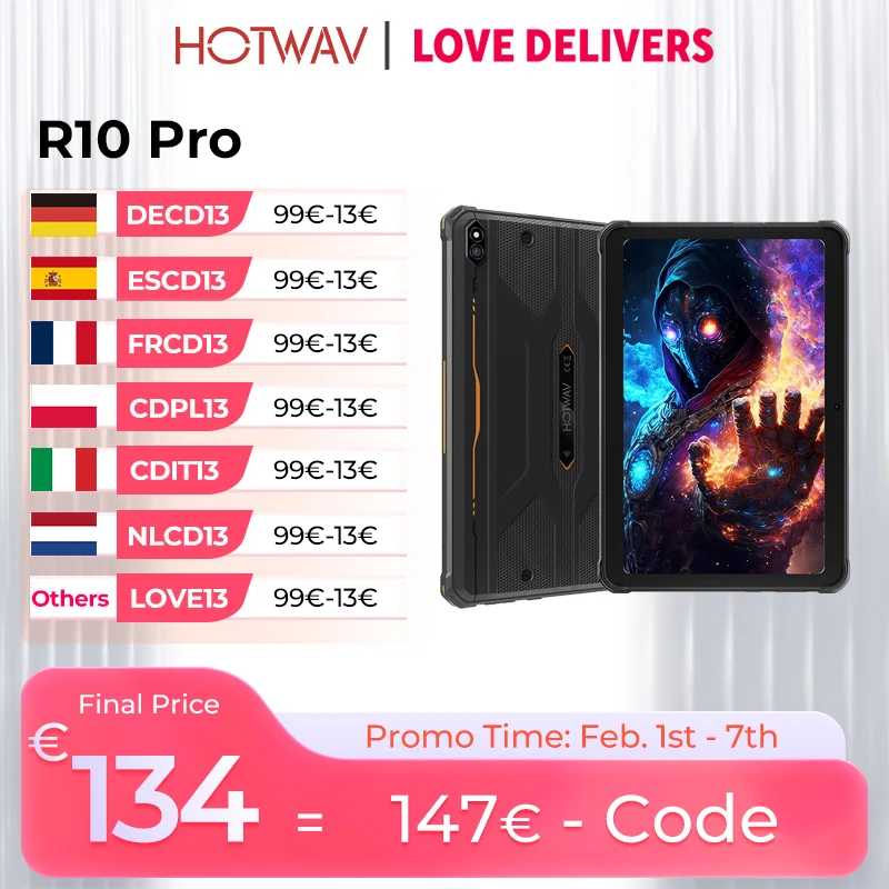 HOTWAV R10 Pro Wytrzymały Tablet Android 14 10.1'' HD+ Kamera 13MP Pad Bateria 10800mAh 8GB 256GB 8-rdzeniowy Tablet PC z Ładowaniem OTG