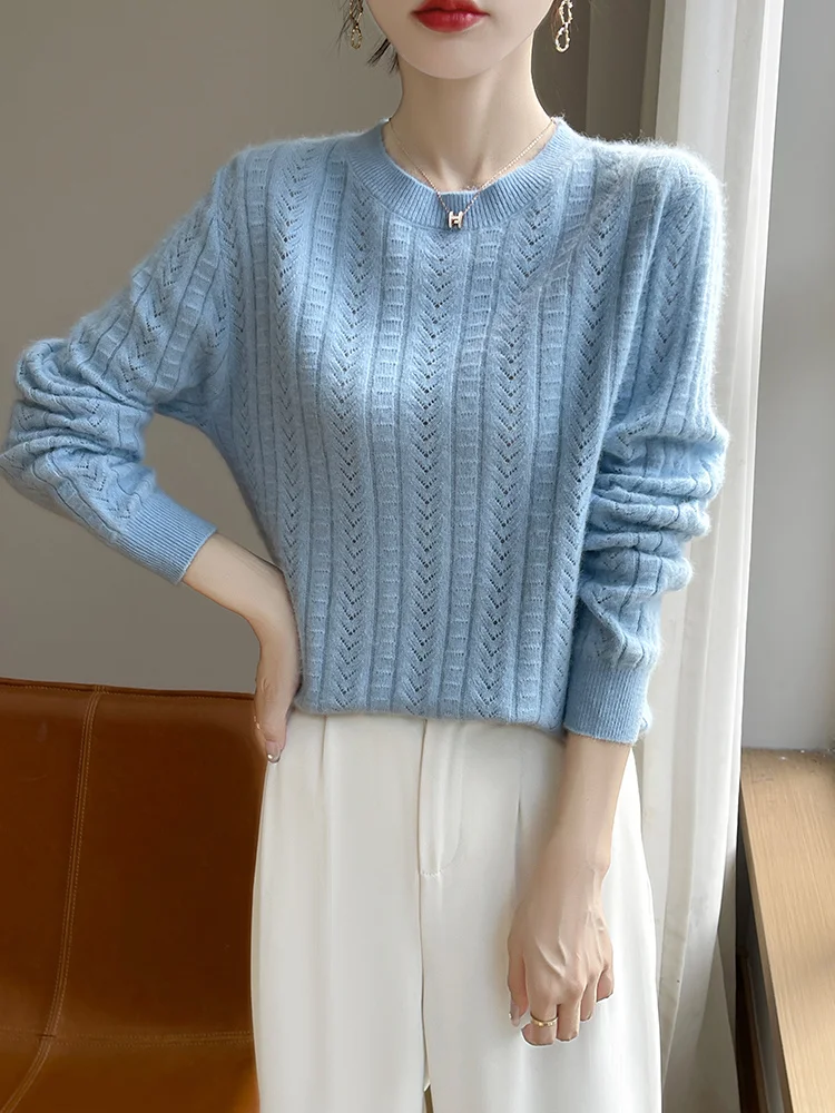

Women's Autumn Winter Wool Sweater Round Neck Hollow Out Pullover Vintage Loose Cashmere Solid Soft 100% Merino Wool Knitted Top