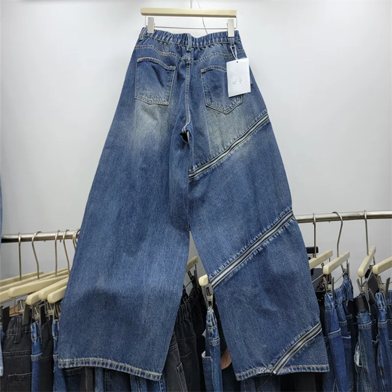 ANJY Spring Autumn New Women Vintage Niche Zippers Split Design Jeans Trendy Washed Loose Distressed Wide-leg Denim Pants A28290