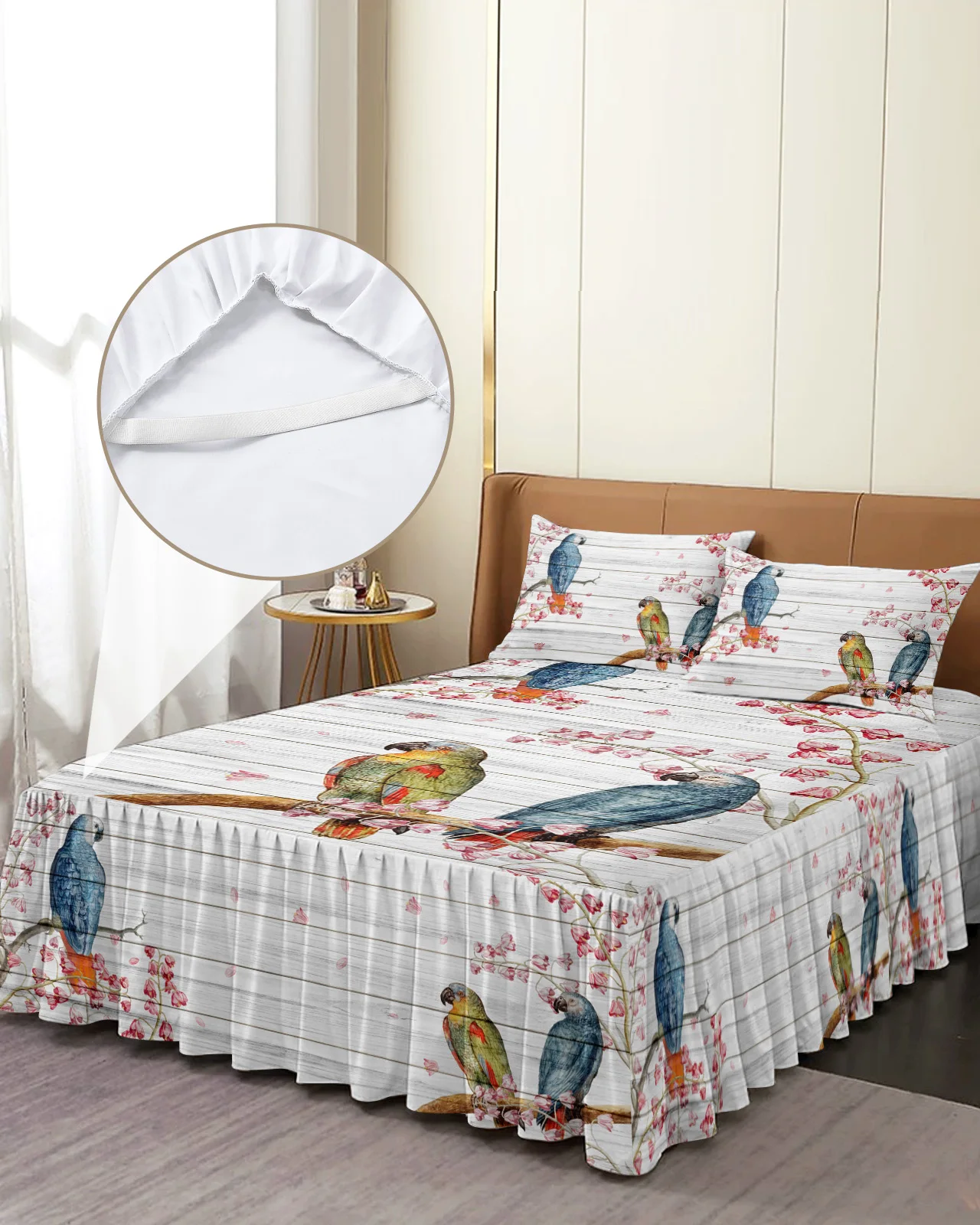 Parrot Flowers Wooden Board Bed Skirt Elastic Fitted Bedspread With Pillowcases Mattress Cover Bedding Set Bed Sheet