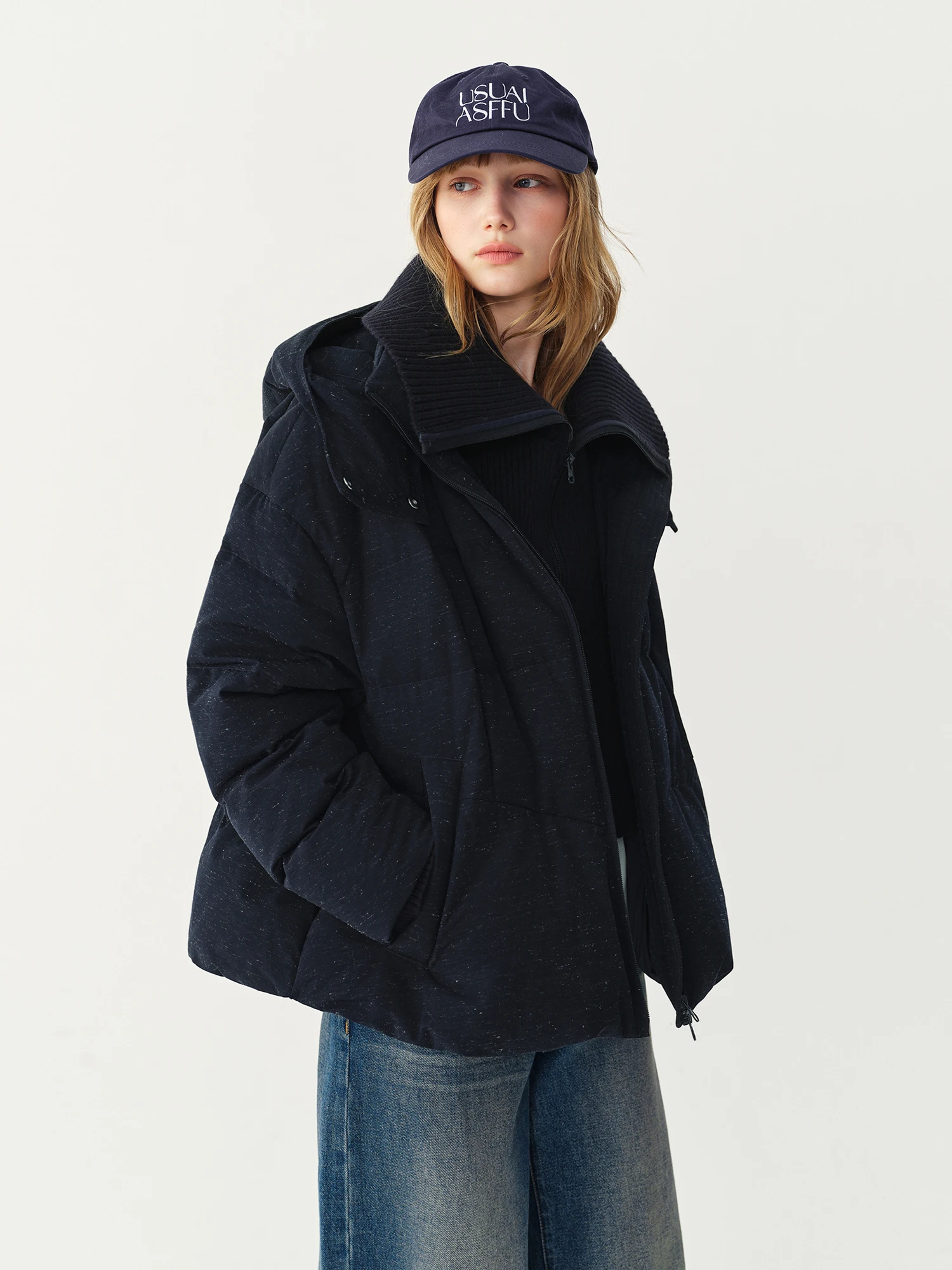FSLE High-quality Heather Yarn Texture Short Hooded Down Jacket 2026 Winter New Fake Two-piece Knit Splicing Warm Outerwear