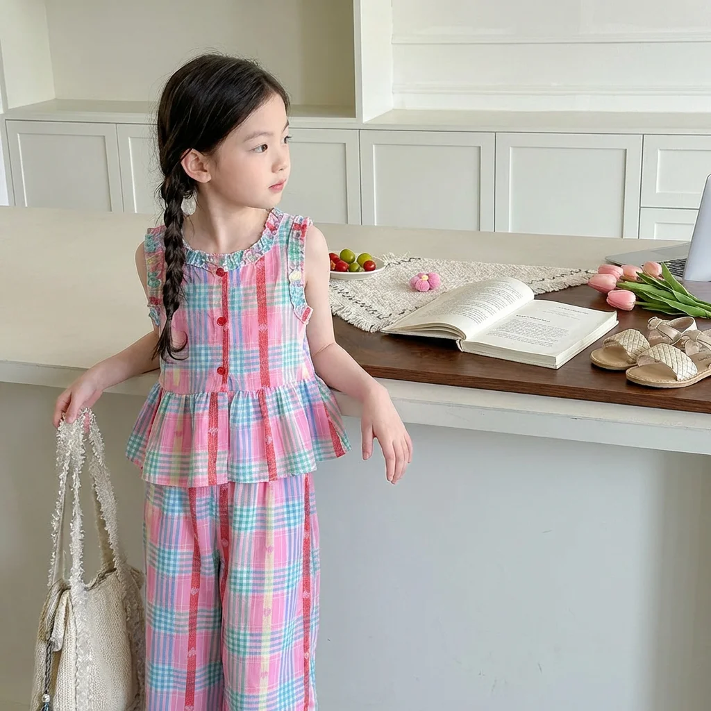 Sommer Neuer Street-Style Outdoor-Spielanzug für 3-10-jährige Mädchen mit Spitzen-Love-Karo-Oberteil und Mückenschutz-Hose, Zweiteiliges Set