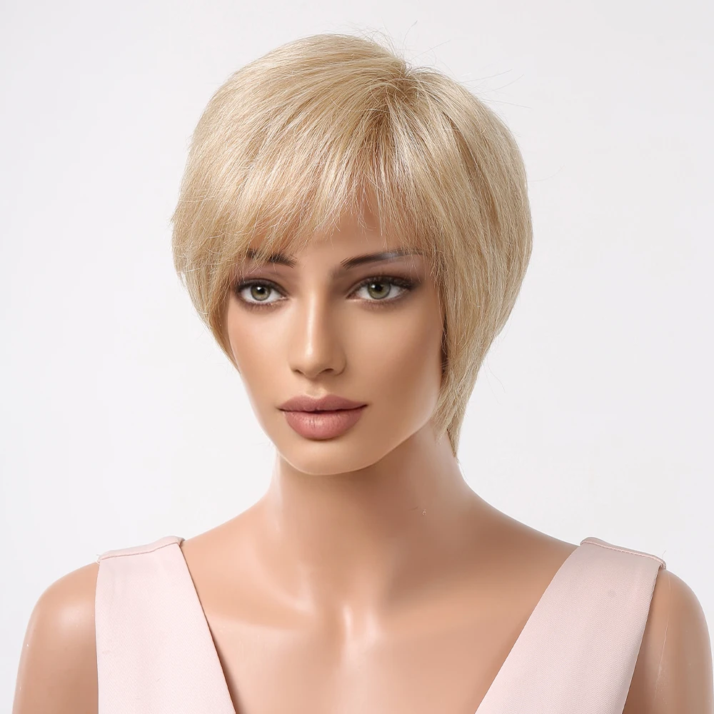 Perucas sintéticas cortadas Pixie para mulheres, loura curta 613, cabelo liso dourado claro com franja, 30% mistura humana, afro, africano